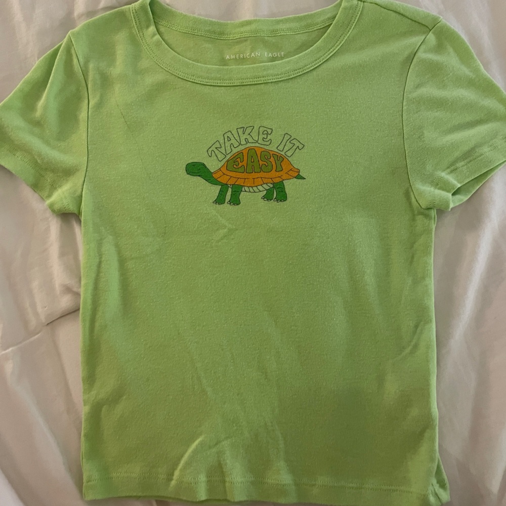 American Eagle Outfitters Green Crop Top with Turtle Graphic